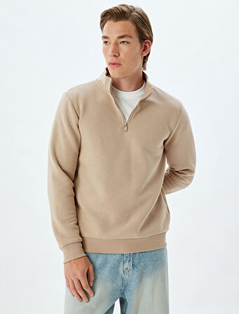 Yarım Fermuarlı Yaka Basic Şardonlu Pamuk Karışımlı Uzun Kollu Sweatshirt