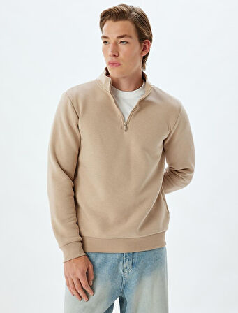 Yarım Fermuarlı Yaka Sweatshirt Uzun Kollu Pamuk Karışımlı