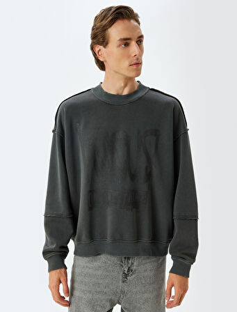 Oversize Sweatshirt Baskılı Bisiklet Yaka Yıkamalı Şardonlu Pamuk Karışımlı