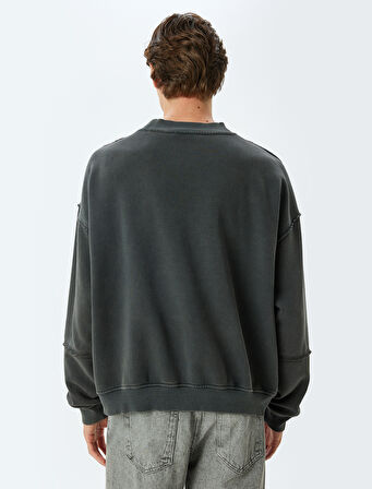 Oversize Sweatshirt Baskılı Bisiklet Yaka Yıkamalı Şardonlu Pamuk Karışımlı