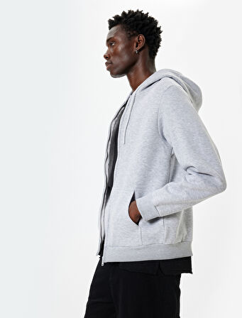 Cep Detaylı Şardonlu Fermuarlı Pamuklu Basic Kapşonlu Sweatshirt