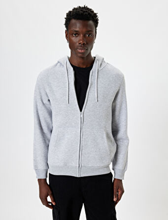 Cep Detaylı Şardonlu Fermuarlı Pamuklu Basic Kapşonlu Sweatshirt