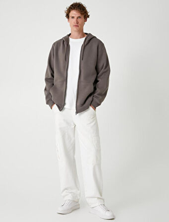 Fermuarlı Sweatshirt Kapşonlu Cep Detaylı Şardonlu Pamuk Karışımlı