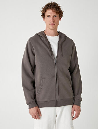 Fermuarlı Sweatshirt Kapşonlu Cep Detaylı Şardonlu Pamuk Karışımlı