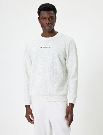 Slogan İşlemeli Sweatshirt Basic Dokulu Bisiklet Yaka Uzun Kollu