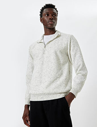 Yarım Fermuarlı Sweatshirt Dokulu Pamuklu
