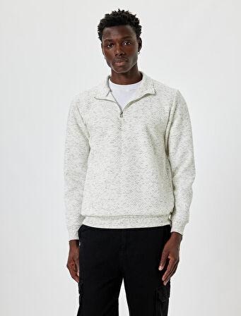 Yarım Fermuarlı Sweatshirt Dokulu Pamuklu