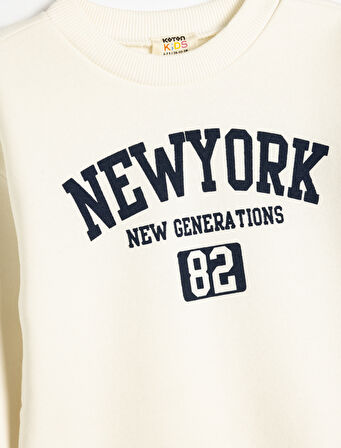 Slogan Baskılı Sweatshirt Bisiklet Yaka Pamuk Karışımlı