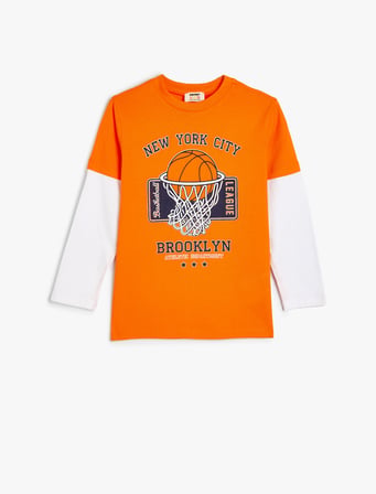 Basket Temalı Baskılı Uzun Kollu Bisiklet Yaka Pamuklu Tişört