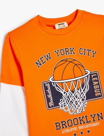 Basket Temalı Baskılı Uzun Kollu Bisiklet Yaka Pamuklu Tişört