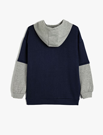 Kapşonlu Sweatshirt Renk Bloklu Brooklyn Baskılı Uzun Kollu Şardonlu