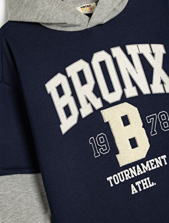 Kapşonlu Sweatshirt Renk Bloklu Brooklyn Baskılı Uzun Kollu Şardonlu