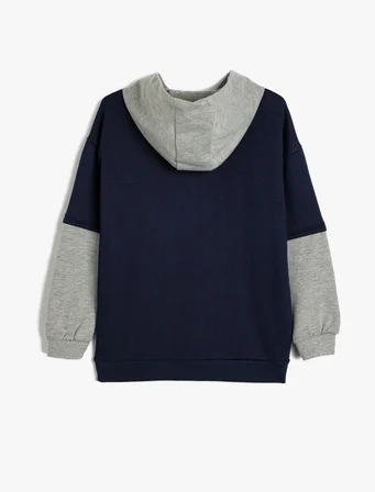 Kapşonlu Sweatshirt Renk Bloklu Brooklyn Baskılı Uzun Kollu Şardonlu