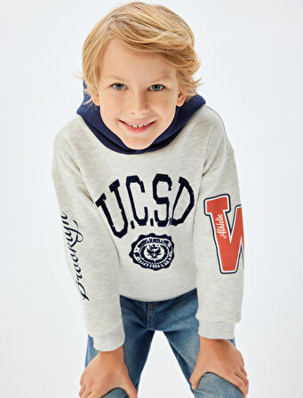 Kapşonlu Sweatshirt Baskılı Uzun Kollu Renk Bloklu