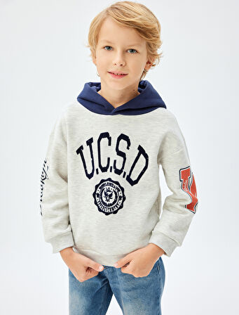 Kapşonlu Sweatshirt Baskılı Uzun Kollu Renk Bloklu