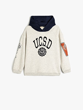 Kapşonlu Sweatshirt Baskılı Uzun Kollu Renk Bloklu