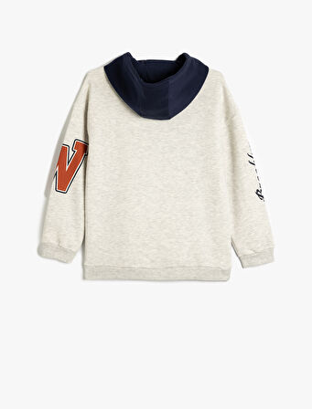 Kapşonlu Sweatshirt Baskılı Uzun Kollu Renk Bloklu