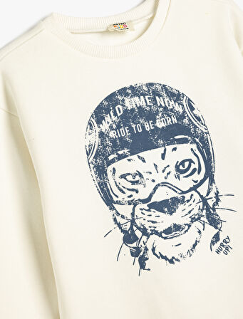 Hayvan Baskılı Sweatshirt Bisiklet Yaka Boxy Pamuk Karışımlı