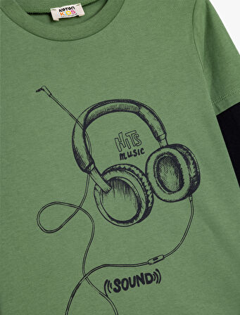 Baskılı Tişört Uzun Kollu Bisiklet Yaka Renk Kontrastlı Pamuklu