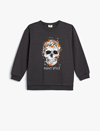 Kuru Kafa Baskılı Uzun Kollu Bisiklet Yaka Sweatshirt