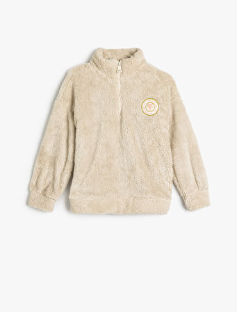 Oversize Peluş Sweatshirt Dik Yaka Yarım Fermuarlı Uzun Kollu 