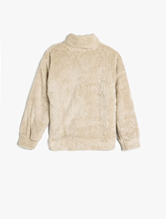 Oversize Peluş Sweatshirt Dik Yaka Yarım Fermuarlı Uzun Kollu 