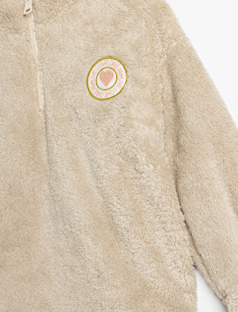 Oversize Peluş Sweatshirt Dik Yaka Yarım Fermuarlı Uzun Kollu 