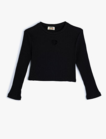 Basic Crop Tişört Kalp Pencere Detaylı Uzun Kollu Bisiklet Yaka