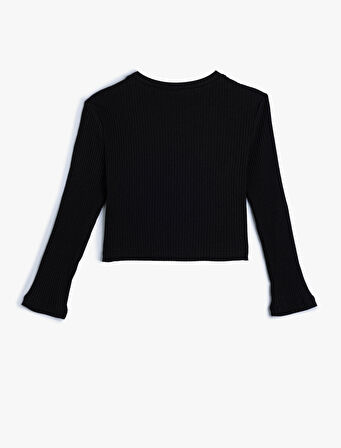 Basic Crop Tişört Kalp Pencere Detaylı Uzun Kollu Bisiklet Yaka