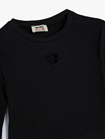 Basic Crop Tişört Kalp Pencere Detaylı Uzun Kollu Bisiklet Yaka