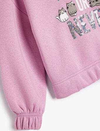 Kapşonlu Sweatshirt Kedi Baskılı Uzun Kollu Pullu Payetli