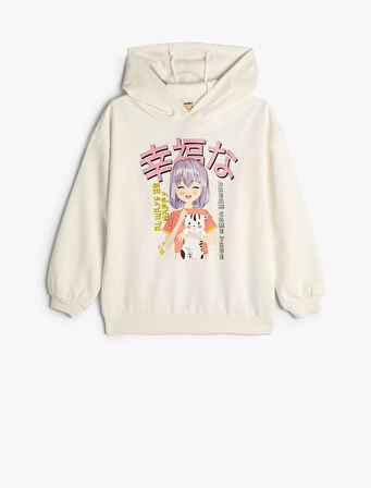 Kapşonlu Oversize Sweatshirt Anime Baskılı Uzun Kollu Şardonlu Pamuklu