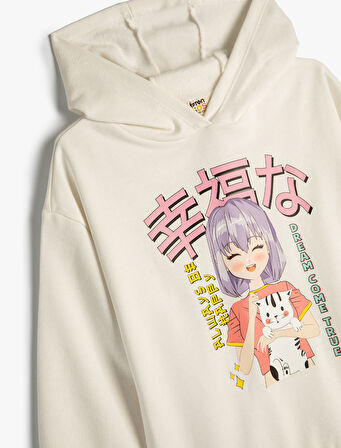 Kapşonlu Oversize Sweatshirt Anime Baskılı Uzun Kollu Şardonlu Pamuklu