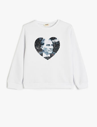 Atatürk Baskılı Tişört Pullu Payetli Bisiklet Yaka Uzun Kollu 