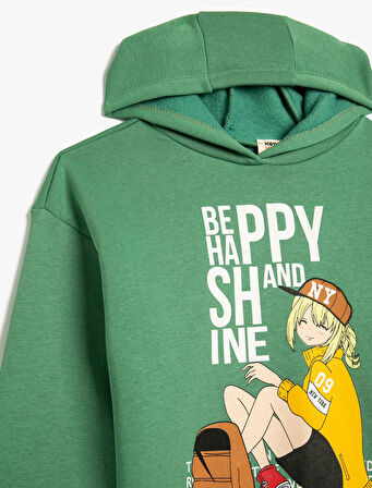 Kapşonlu Sweatshirt Anime Baskılı Uzun Kollu