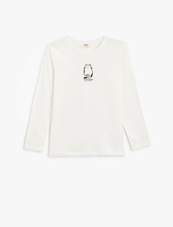 Tişört Uzun Kollu Kedi Baskılı Bisiklet Yaka 