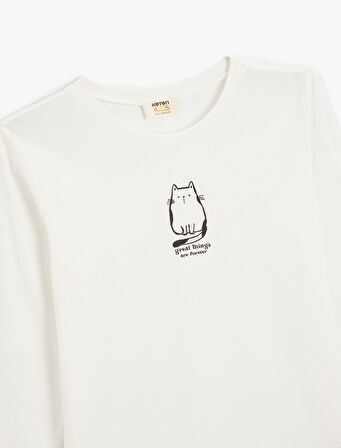 Tişört Uzun Kollu Kedi Baskılı Bisiklet Yaka 