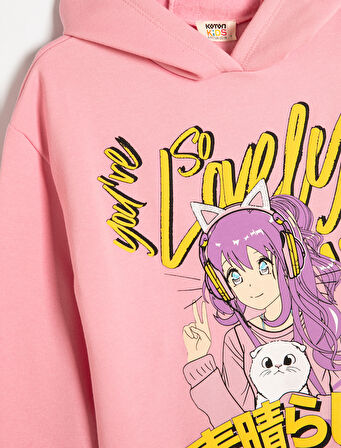 Oversize Kapşonlu Sweatshirt Anime Baskılı Uzun Kollu 