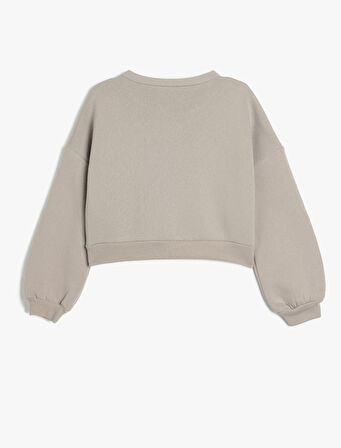 Crop Sweatshirt Oversize Slogan Baskılı Bisiklet Yaka Şardonlu Pamuk Karışımlı