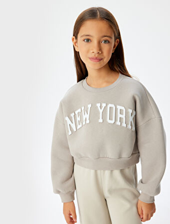 Crop Sweatshirt Oversize Slogan Baskılı Bisiklet Yaka Şardonlu Pamuk Karışımlı