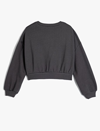 Oversize Sweatshirt Kelebek Baskılı Uzun Kollu Bisiklet Yaka Pamuklu