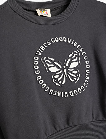 Oversize Sweatshirt Kelebek Baskılı Uzun Kollu Bisiklet Yaka Pamuklu
