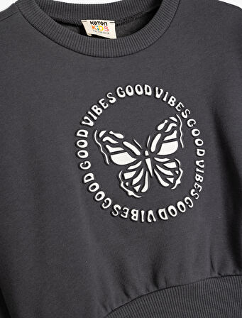 Oversize Sweatshirt Kelebek Baskılı Uzun Kollu Bisiklet Yaka Pamuklu Şardonlu