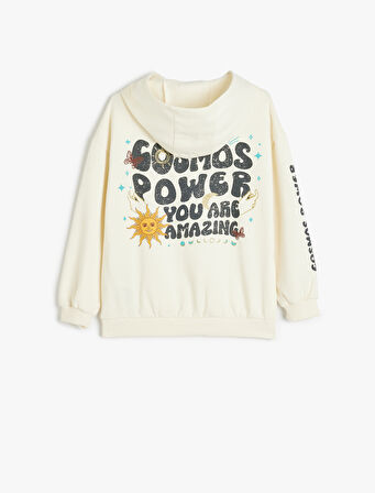 Kapşonlu Sweatshirt Kanguru Cepli Uzun Kollu Baskılı Şardonlu Pamuklu