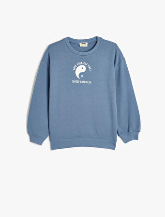 Sweatshirt Baskı Detaylı Uzun Kollu Bisiklet Yaka Şardonlu