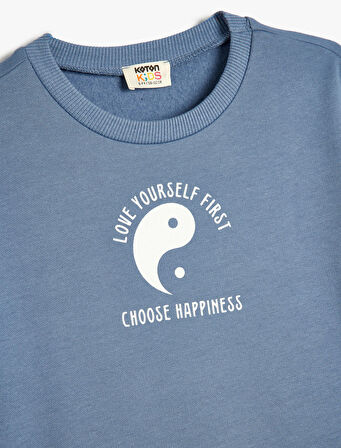 Sweatshirt Baskı Detaylı Uzun Kollu Bisiklet Yaka Şardonlu