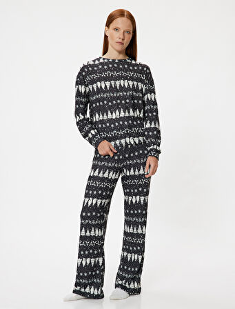 Yılbaşı Temalı Pijama Üstü Baskılı Uzun Kollu Bisiklet Yaka