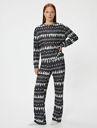 Yılbaşı Temalı Pijama Altı Düz Bol Paça Rahat Kalıp