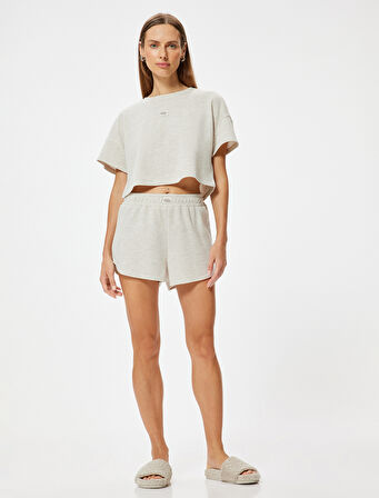 Dokulu Crop Pijama Üstü Kısa Kollu Bisiklet Yaka Rahat Kalıp