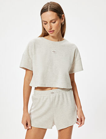 Dokulu Crop Pijama Üstü Kısa Kollu Bisiklet Yaka Rahat Kalıp